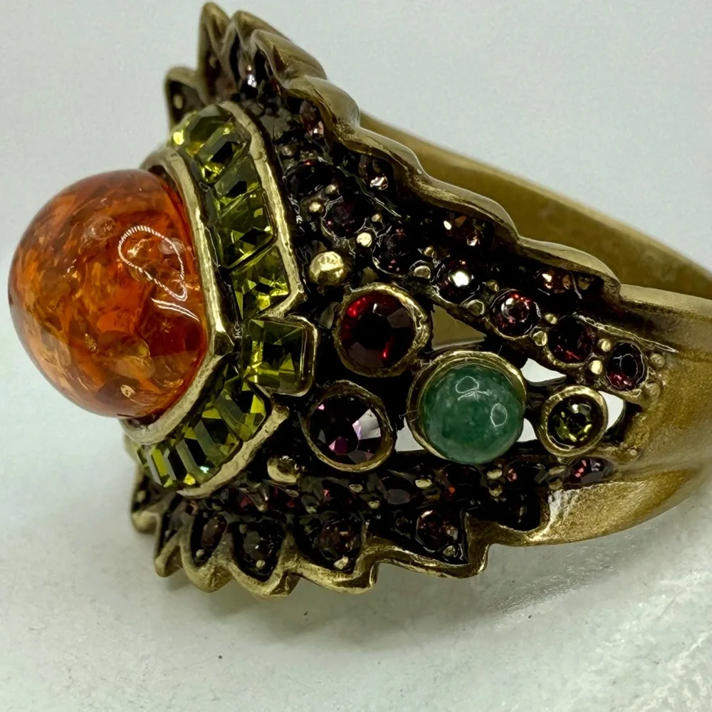 Vintage Heidi Daus Statement Ring – Amber Cabochon w Multi-Color Crystals Sz 7 - Picture 11 of 17
